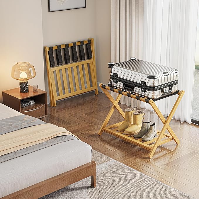 2 Pack Bamboo Luggage Rack for Guest Room 26.77 Folding Wide Suitcase Stand with Storage Shelf Thickened Luggage Stand Holder for Bedroom Hotel Luggage Rack for Suitcases (Natural)