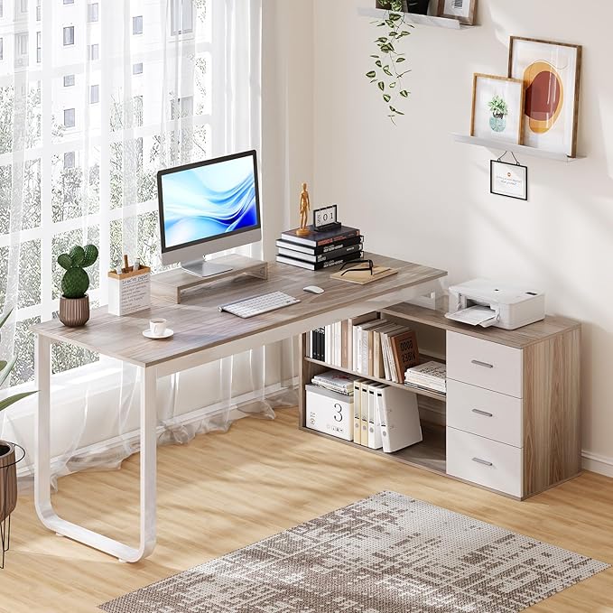 HOMBCK L Shaped Desk with Drawers and Shelves 55 Office Desk with Storage Removable Monitor Stand Reversible L Shaped Desk Corner Desk for BedroomHome Office White &amp Walnut