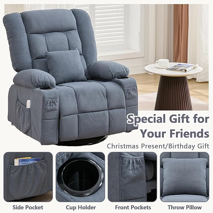 Oversized Swivel Rocker Recliner with Throw Pillow for Adult Kneading Massage Recliners Chair with Heat | USB | Cup Holders Gray Nursery Recliner Chair for Living Room Bedroom (Normal Blue)