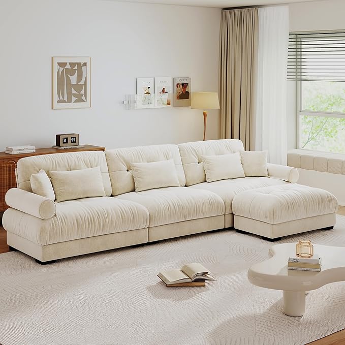 L Shaped Sectional Couch130 Modular Cloud Sectional Sofa with OttomanUpholstered Modular Sofa L Shaped Couch for Living Room (Cream)