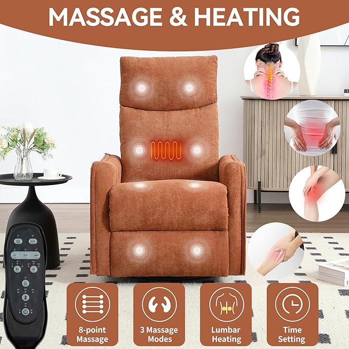Heated Massage Recliner Chairs for Adults Swivel Rocking Chair Recliner with High Back Small Recliner Chair for Small Spaces Manual Lazy Boy Recliners for Living Room Pockets Fabric (Orange)