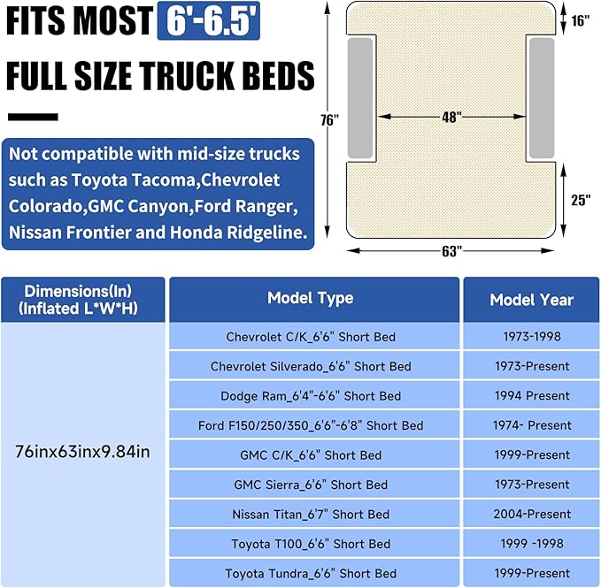 Umbrauto Air Mattress for 6-6.5 ft Full-Size Short Beds Inflatable Truck Tent Airbed with Pump Pickup Camper Air Mattress for Camping with Pillows