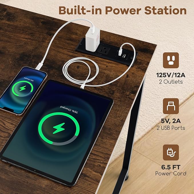32 Inch Computer Desk Set of 6 Modern Writing Desk with Heavy-Duty Metal Frame Storage Bag &amp Charging Station Rectangular Home Office Workstation Table for Conference Study &amp Meeting Room
