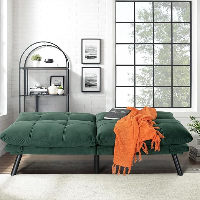 67” Velvet Futon Sofa Bed Convertible Small Upholstered Couch 2-Seat Loveseat Sleeper with Adjustable Backrest and Armrest for Small Space ApartmentGaming RoomOffice(Green)