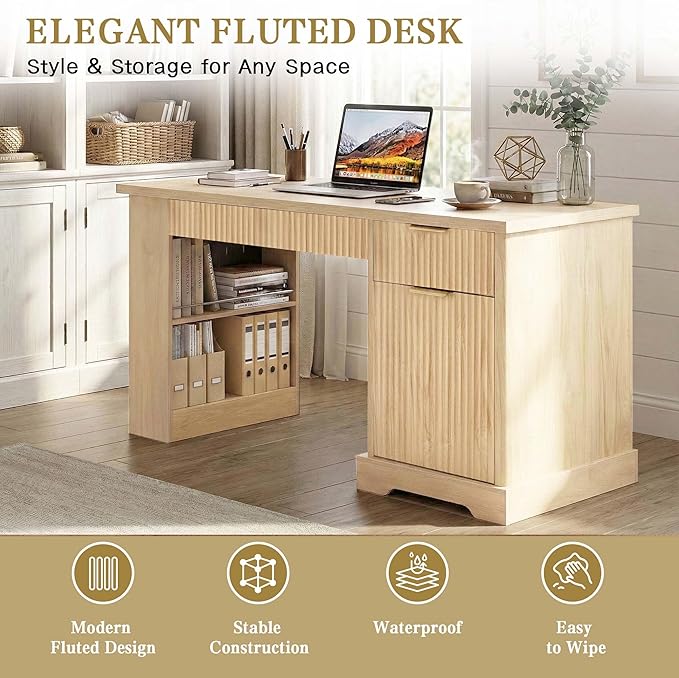 White Farmhouse Desk with Drawers &amp Charging Station Wood Executive Desk with Storage Cabinet &amp Keyboard Tray Computer Desks with Monitor Stand &amp Pegboard for Home Office (Light Oak)
