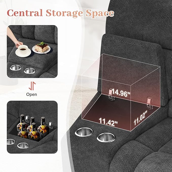 Recliner Sofa Set with 2+1 Pieces Fabric Manual Pull Tab Reclining Loveseat with Storage Console Single Recliner Chair for Living Room RV Grey