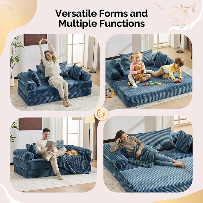 VINGLI Convertible Futon Sofa Bed Upholstered Corduroy Boneless Couch King Size Floor Loveseat Sleeper Sofa with 2-in-1 Throw Pillow Couches for Living Room Bedroom Lounge Navy Blue