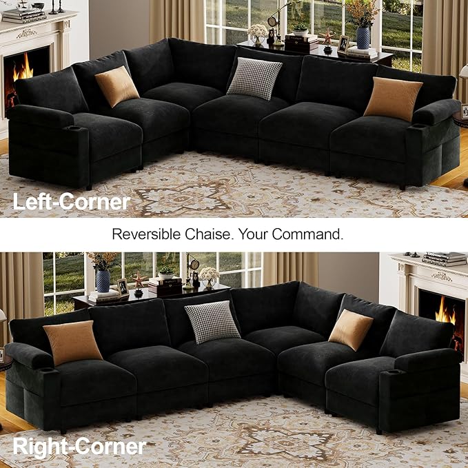 Sectional Couches for Living Room FSC Certified Velvet Modular Couch Oversized Cloud U Shaped Convertible Sleeper Sofa Chaise Detachable Armrest Cushio (Chenille Black U Shape 8 Seat)