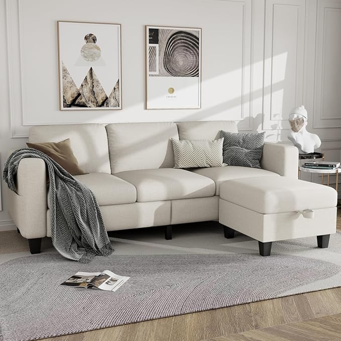Sectional Sofa Couches for Living Room - L Shaped Cloud Couch-Small Modular 3 Seat-Comfy Linen with Storage Deep Seat SofaWashable Covers-Suitable for Living Room-Apartment-Office-Beige