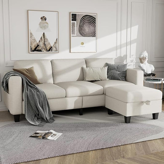 Sectional Sofa Couches for Living Room - L Shaped Cloud Couch-Small Modular 3 Seat-Comfy Linen with Storage Deep Seat SofaWashable Covers-Suitable for Living Room-Apartment-Office-Beige