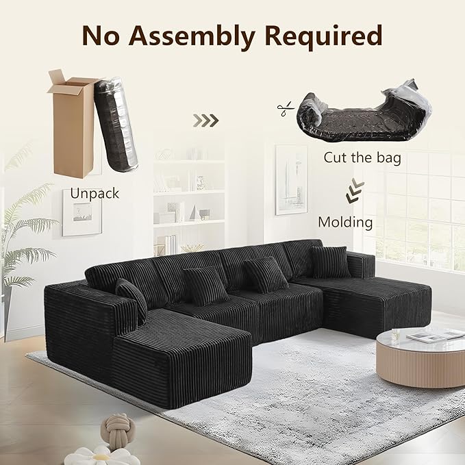 Oversized Modular Sectional Sofa Couch143.3 U Shaped Sofa Flannel Convertible Deep Seat 6 Seater Cloud Sofa for Large Living RoomTool-Free AssemblyBlack