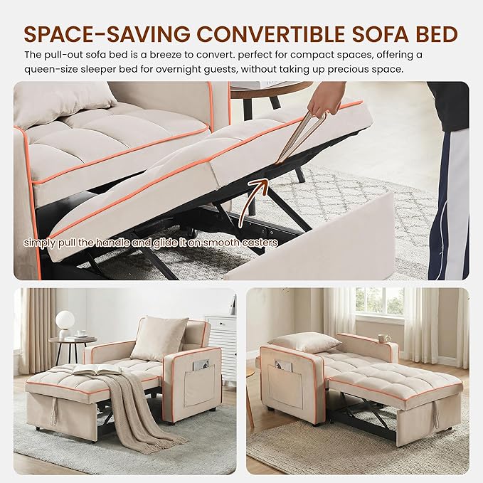 Convertible Sleeper Chair 68.5 Inch Futon Sofa Bed Single Sleeper Sofa Small Couch Bed with Side Pocket Adjustable Backrest for College Dorm Bedroom Studio Apartment