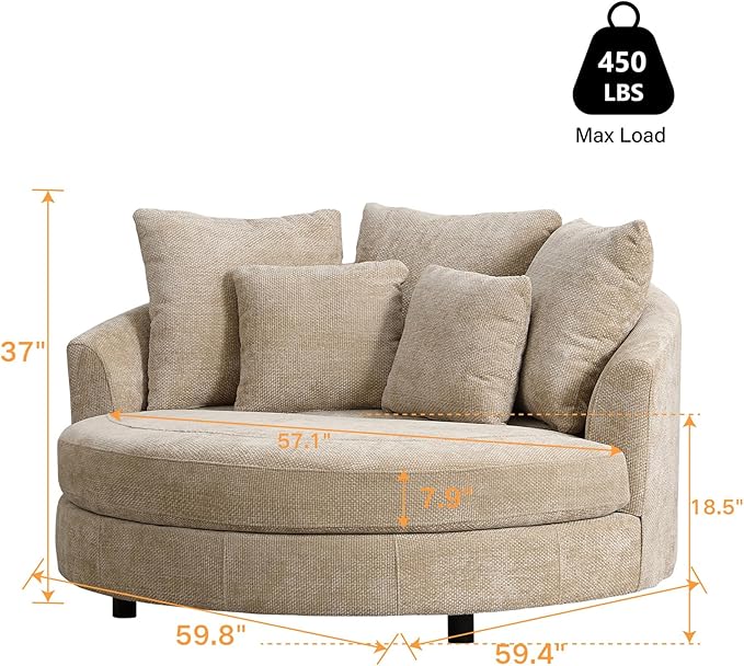 Chifee &amp Vingol 59.8 W Oversized Accent Barrel Chair Large Round Chair with WheelsWheat