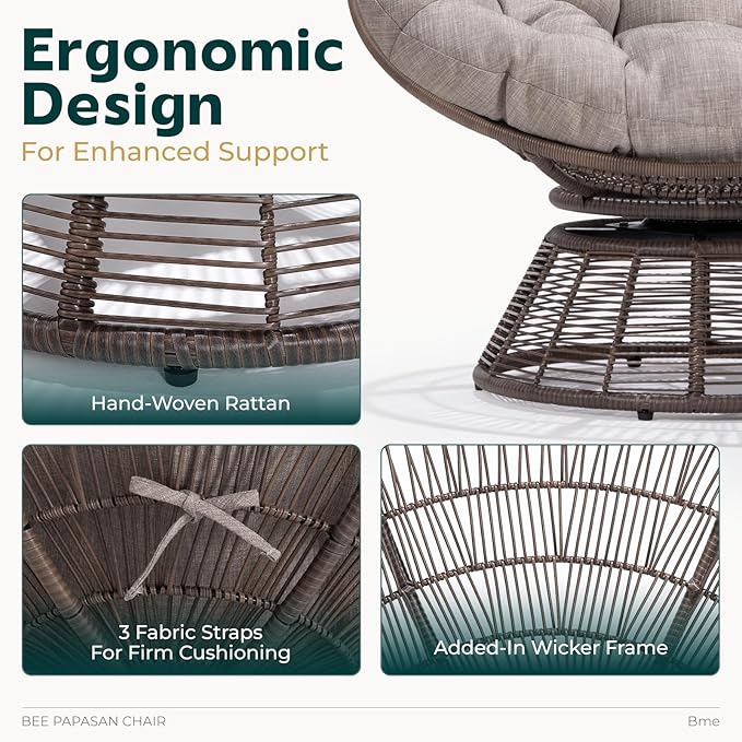 Bme Silver - Brown Bee Base 40 Ergonomic Wicker Papasan Chair with Soft Thick Density Fabric Cushion Bee-Designed Base High Capacity Steel Frame 360 Degree Swivel for Living Bedroom Reading Room
