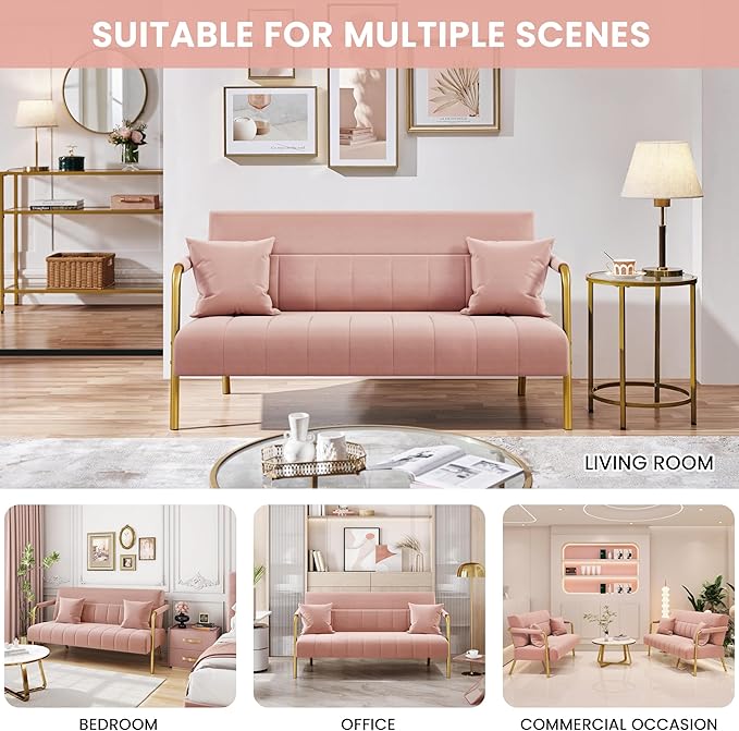 Yaheetech 56.5 W Modern Sofa Small Sofa Luxurious Velvet Fabric Couch with Gold-Tone Metal Arms and Legs for Living Room Home Office Studio Pink