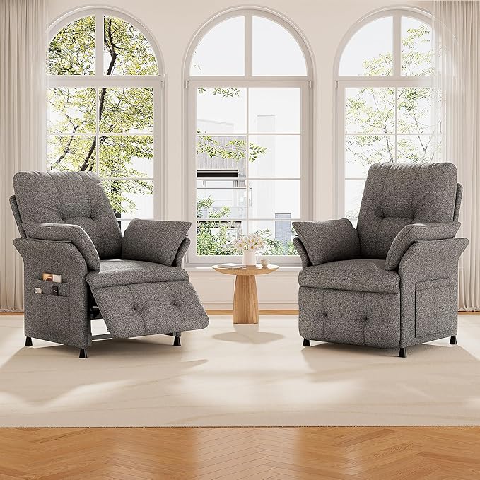 Power Recliner Chair for Adults with Heated &amp Massage Adjustable Electric Reclining Chair Sofa Lazy Boy Single Sofa with Side Pockets for Home Theater Seating Linen Light Grey