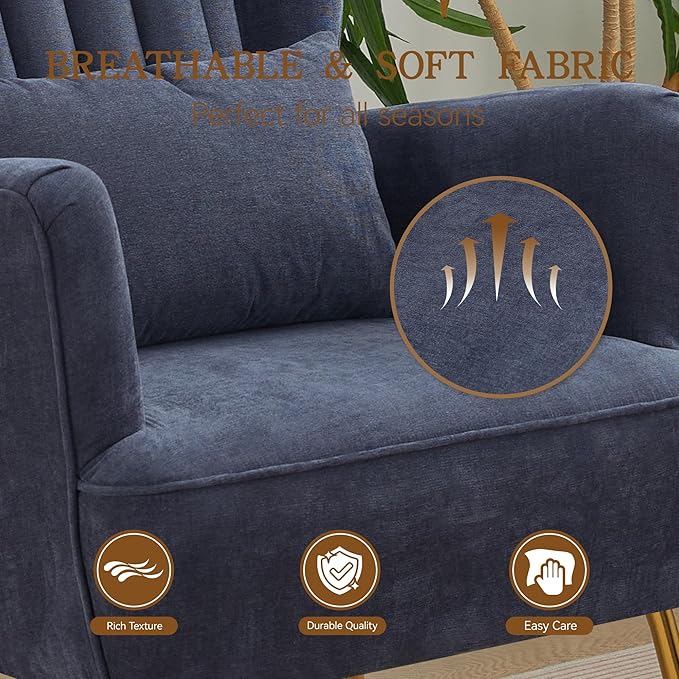 Fabric Accent Living Room Arm Chair Set of 2 Mid Century Modern Chairs with Pillow &amp Golden Legs 8.5 Thick Cushion Upholstered Comfy Sofa Armchair for Reading Room/Bedroom Navy