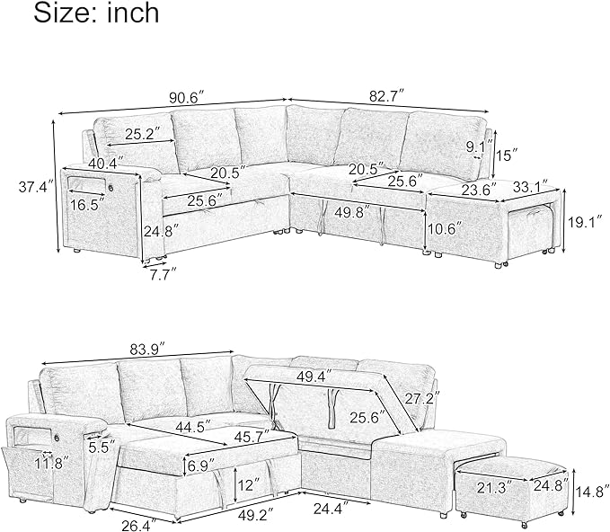 L-shaped Oversized Modular Padded Cloud Sectional Fabric Sofa Set with Pull Out Bed Convertible Sectional Couches with Storage Space USB Ports and Cup Holders for Living Room Office Blue