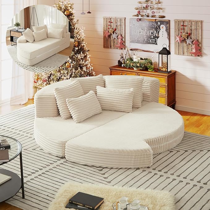 Curved Convertible Futon Sleeper Sofa Bed 78.5 Boneless Couch with Pull-Out Bed Corduroy Semi-Circular Foldable Floor Mattress for Living Room No Assembly Required Left Curved Beige