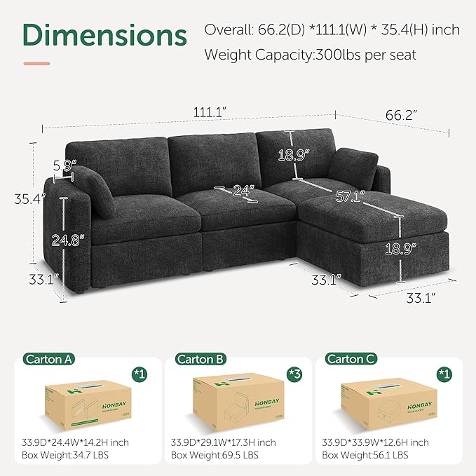 HONBAY Modular Sectional Couch with Storage Seats L Shaped Sectional Sofa with Storage Chenille Sectional Couches for Living Room Grey