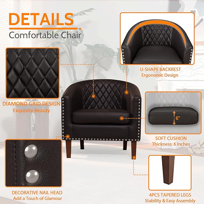 PrimeZone Barrel Chair Comfy Accent Chair Faux Leather Living Room Chairs Club Chairs with Cushion Nailhead Trim and Diamond Mesh Backrest Reading Chairs for Bedroom Waiting Room 4PCS Brown