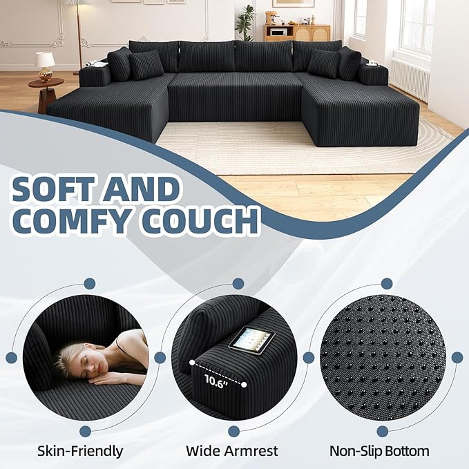 Cloud Couch U-Shaped Sectional Sofa 134'' Modular Boneless Couches for Living Room Corduroy Deep Seat Sofa with 2 Chaise Lounges and 1 Loveseat 30D High-Resilience Foam No Assembly Black
