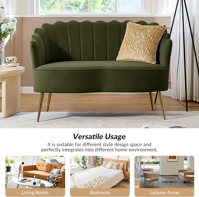 Velvet Upholstered Loveseat Sofa with Gold Metal Legs Modern Comfy Small Love Seat with Flower Shaped Back 2-Seater Sofa Accent Couch for Living Bedroom Leisure Areas Moss
