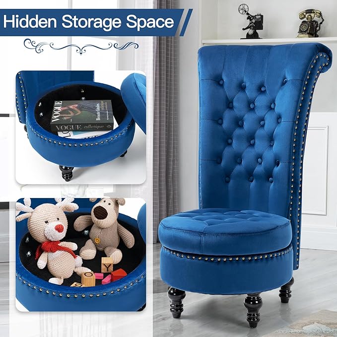 AVAWING High Back Throne Chair Velvet Armless Royal Accent Chair w/Storage Nailhead Trim &amp Rubberwood Legs for Living Room &amp Bedroom Blue