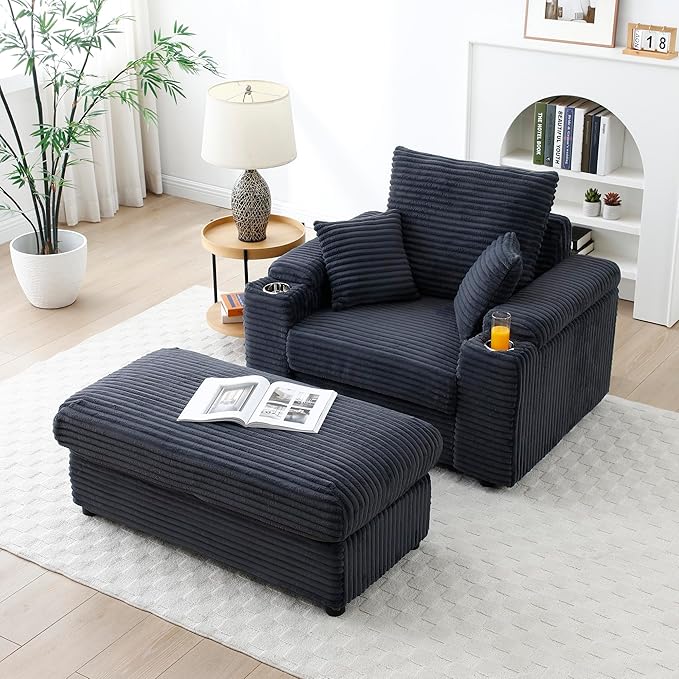43.3 W Oversized Corduroy Chaise Lounge Chair Comfy Sleeper Sofa with Cup Holder and Storage Ottoman 3 Throw Pillows Included Deep Seat Upholstered Reading Chair for Living Room (Gray)