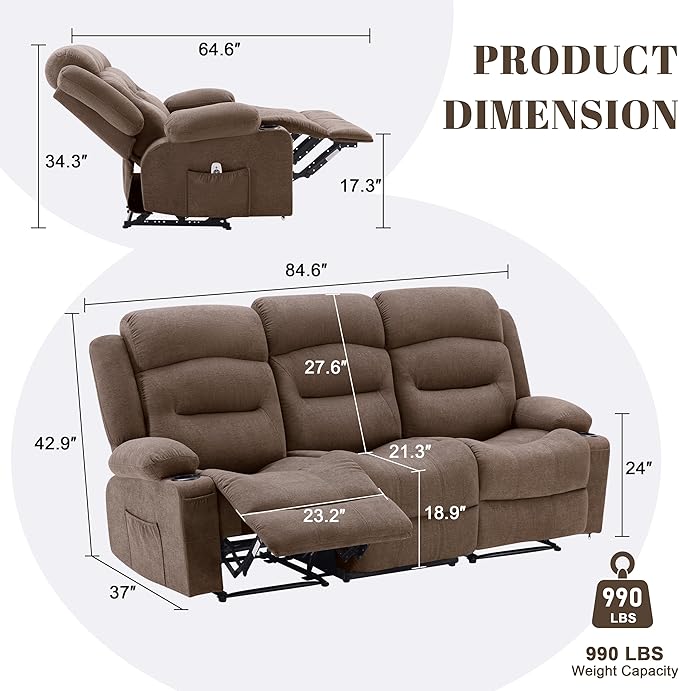 Oversized Recliner Sofa with Massage and Heat Large Big 3-Seater RV Recliner Couch Sofa for Living Room Wall-Hugger Reclining Sofa with Cup Holders and USB Port (Fabric Brown)