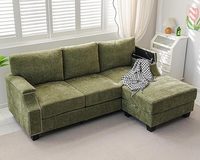 85 Sectional Couches with Storage OttomanL Shaped Couch with Armrest Organizer3-Seater SofaSmall Sofas for Living RoomApartmentSofa Set with Oversized ChairChenilleGreen