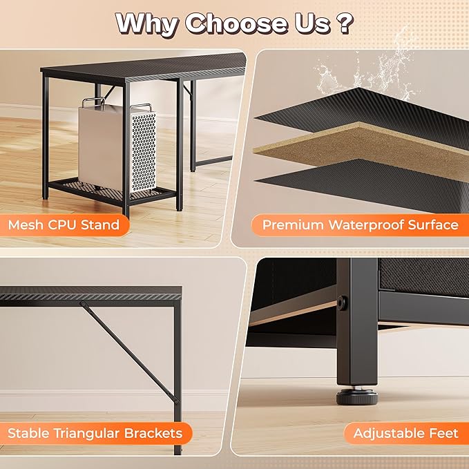 PRAISUN 66 L Shaped Gaming Desk with LED Lights &amp Power Outlets Computer Desk with Fabric Drawers and Print Stand Corner Office Desk Monitor Stand Mesh CPU Stand Carbon Fiber Black