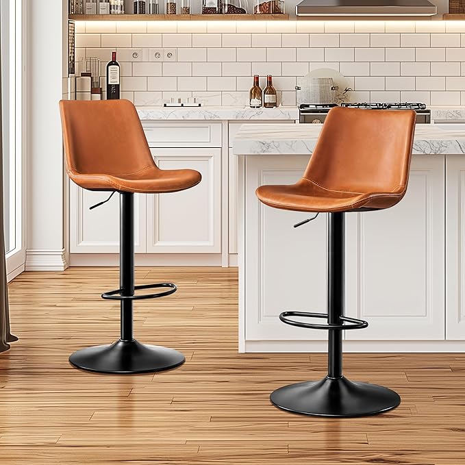 Vintage Bar Stool Height Adjustable Crazy Horse Leather Bar Chair X-Large Base and Seat Bar Stools Ergonomic Bistro Stool with Footrest for Kitchen Dining Bistro Pubx Set of 2 Whisky Brown