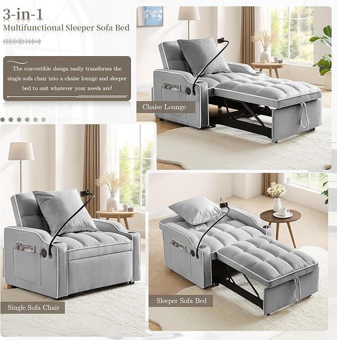 Convertible Sleeper Sofa Chair Bed 3 in 1 Velvet Single Small Futon Sofa Bed with Phone Holder &amp USB PortsPull Out Couch Recliner with Adjustable Backrest for Living Room Office Small Place(Gr