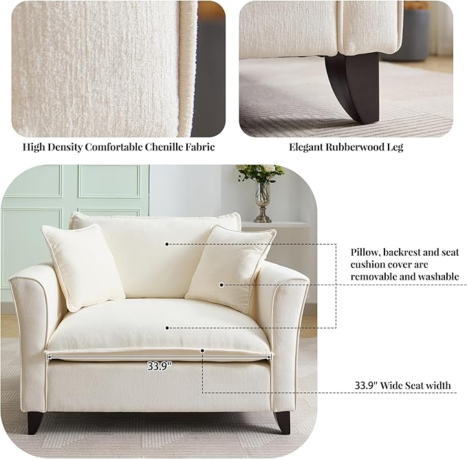 Chenille Fabric Oversized Armchair Modern Accent Chair Single Sofa with 2 Pillows and Washable Covers for Living Room Bedroom Office Apartment (Cream-46.9'')