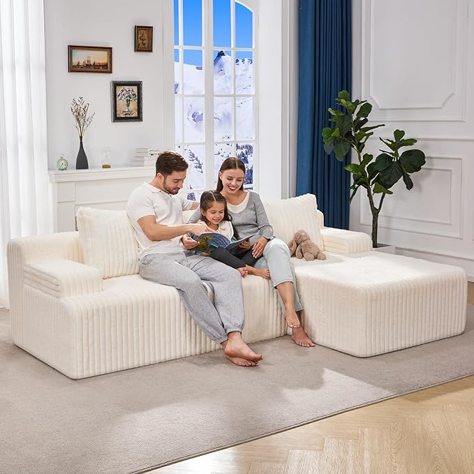 Modular Sectional Sofa Couches L-Shape Couch 3 Seat Modular Sofa Memory Foam Sectional Couches for Living Room Cloud Couch with Oversized Chaise (White Stripe 96 Right Facing Chaise)