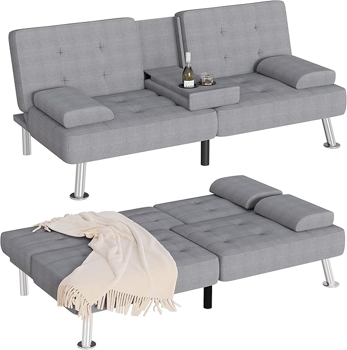Homall Futon Sofa Bed Futon Couch with Removable Armrests Adjustable Recliner Sleeper Sofa Bed with Dual Cup Holders for Living Room Apartment Office (Fabric Light Grey)
