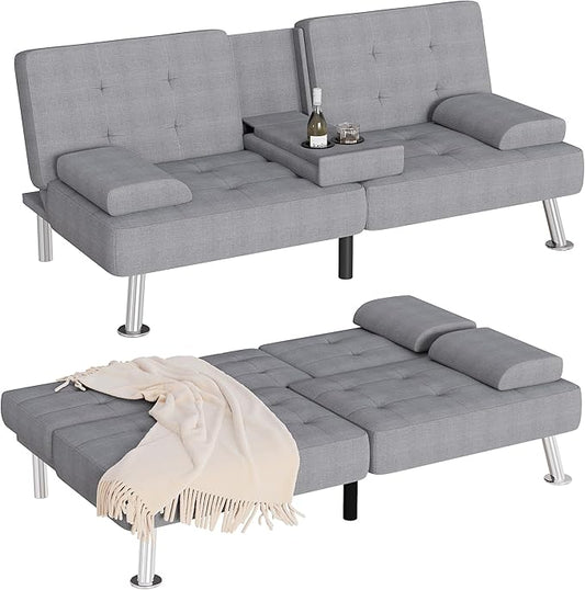 Homall Futon Sofa Bed Futon Couch with Removable Armrests Adjustable Recliner Sleeper Sofa Bed with Dual Cup Holders for Living Room Apartment Office (Fabric Light Grey)
