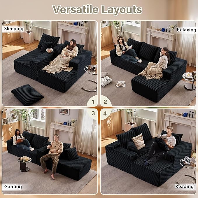 107 Modular Sectional Couches for Living Room Comfy Boneless L Shaped Cloud Couch with Chaise Lounge Modern Cozy Corduroy Deep Seat Floor Sofa Memory Foam No Assembly Required Black