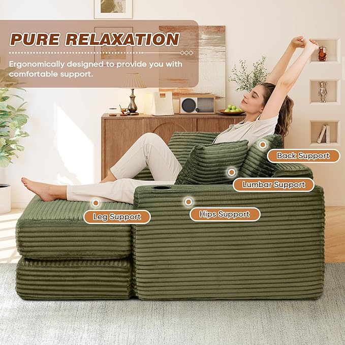 Antetek Boneless Corduroy Chaise Lounge Chair Indoor 52-inch 4-in-1 Folding Convertible Sofa Bed w/Cup Holders Modern Cozy Reading Accent Chair for Living Room No Assembly Green