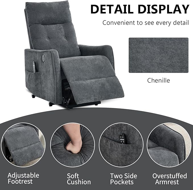 Small Power Lift Chair Recliner for Elderly Petite Power Recliner Chair with Massage and Heat | USB | High Back | Push Button | Side Pockets Liviing Room Easy Assembly (Chenille Dark Grey)