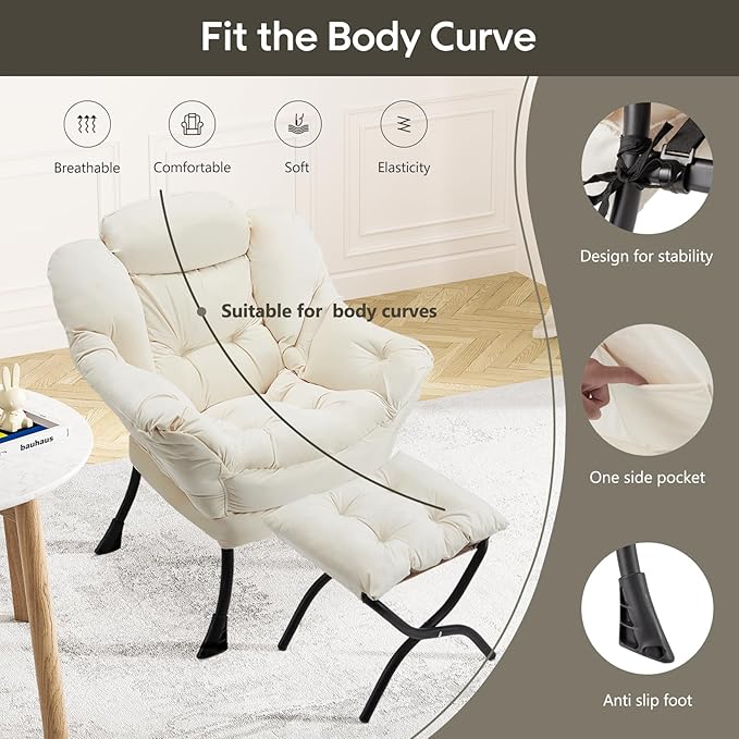 Lazy Chair with Folding Ottoman Modern Large Accent ChairContemporary Lounge Leisure Sofa Chair with Armrests Upholstered Sofa Armchair Reading Chair for BedroomDorm &amp Office (Beige-f)