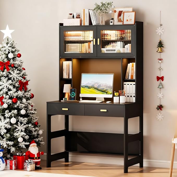 Vlsrka Home Office Desk with Hutch and Drawers 40 Computer Desk with Storage Shelves and LED Lights Modern Wooden Writing Study Table with Charging Station for Bedroom Black