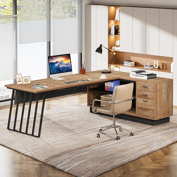 Tribesigns 71-Inch Executive Desk L-Shaped Desk with Cabinet Large Office Desk with Drawers and Storage Shelves Writing Table Computer Desk for Home Office Oak and Black