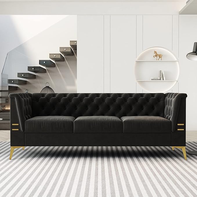 Tomkate 82 Black Velvet Chesterfield Sofa Mid-Century Modern Tufted 3-Seater Couch with Flared Arms Removable Cushions &amp Gold Metal Legs for Living Room (Black)