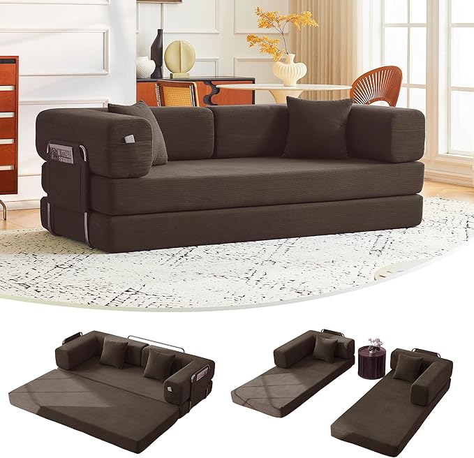 79 Convertible Sofa Bed with Pillows Corduroy Folding Sleeper Sofa with Fixed-Shape Frame Boneless Couch for Living Room Bedroom Floor Sofa Lounge No Assembly Required (Brown)