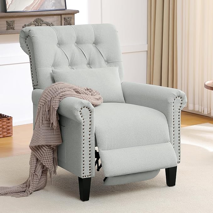 Pushback Recliner Chair Accent Push Back Chair Set of 2 with Adjustable Footrest Upholstered Linen Reclining Sofa with Side Pocket Comfy Modern Armchair for Living Room Light Grey