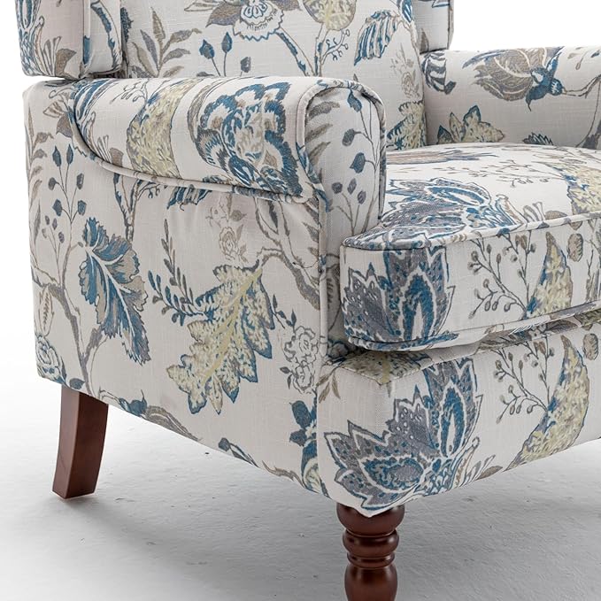Modern Accent Chair with Retro Wood Legs Comfy Upholstered Armchair Floral Design Single Sofa Chair for Living Room Bedroom Office - Floral