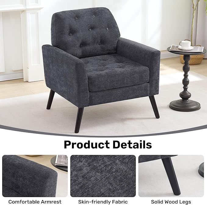 Accent Chair Set of 2 Mid Century Modern Living Room Chairs Upholstered Armchair with Tufted Back &amp Wood Legs Single Sofa Reading Side Chair for Bedroom Office Waiting Room Dark Grey