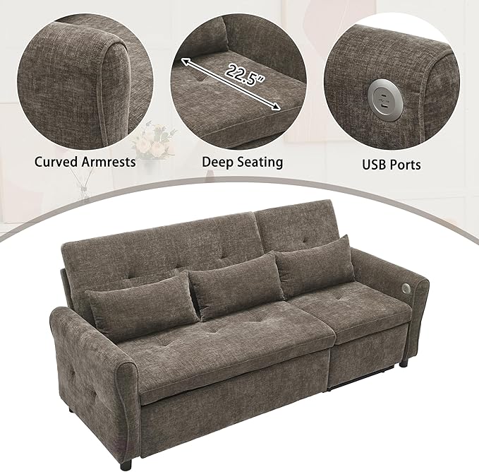ERYE L-Shaped Reversible Recliner Sectional Sofa Chenille Upholstered Pull Out Convertible Sofabed with Pull Out Sleeper Couch Bed and Recliner Chaise Lounge and USB-C Ports